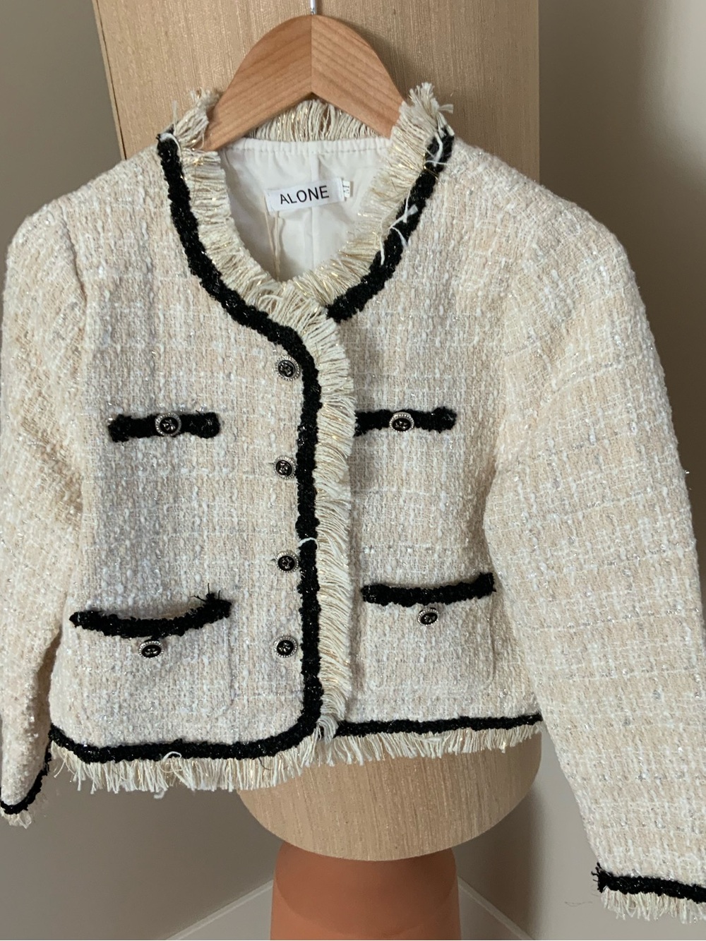 Cream Tweed Blazer with Black Trim Size MEDIUM